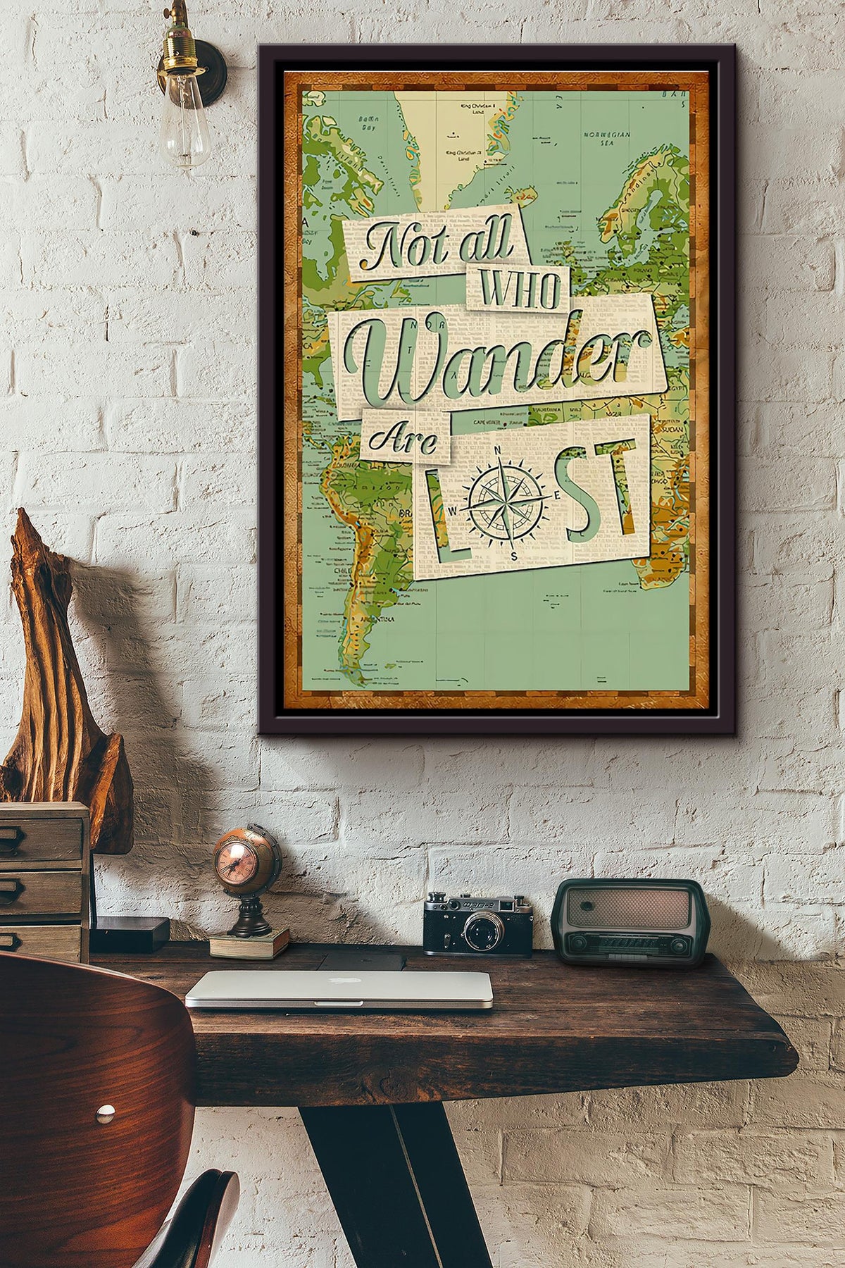 Not All Who Wander Are Lost Hiking And Traveling Compass World Map Poster Framed Matte Canvas