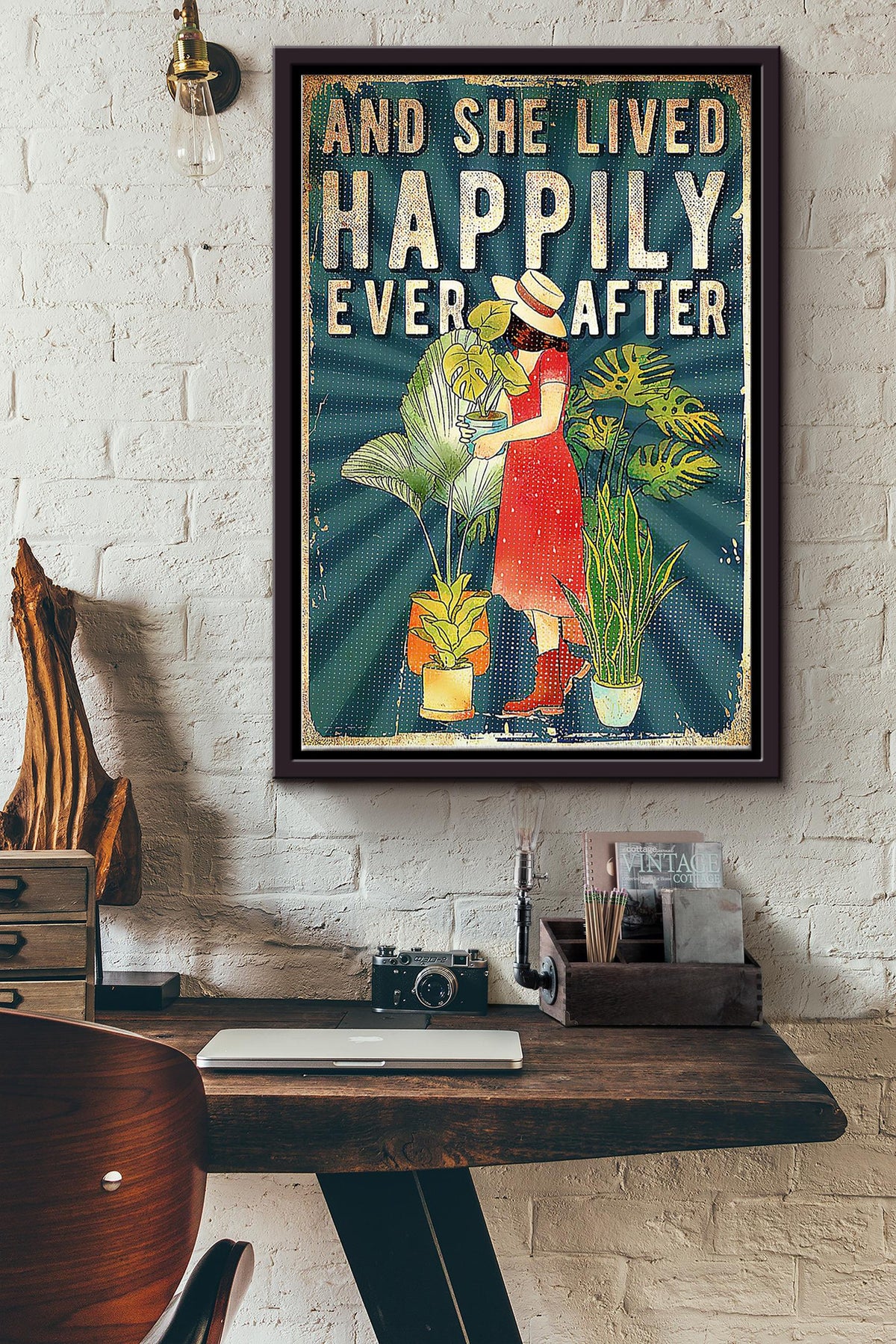 She Goes Gardening And She Lived Happily Ever After Vintage Gardener Famer Poster Framed Matte Canvas