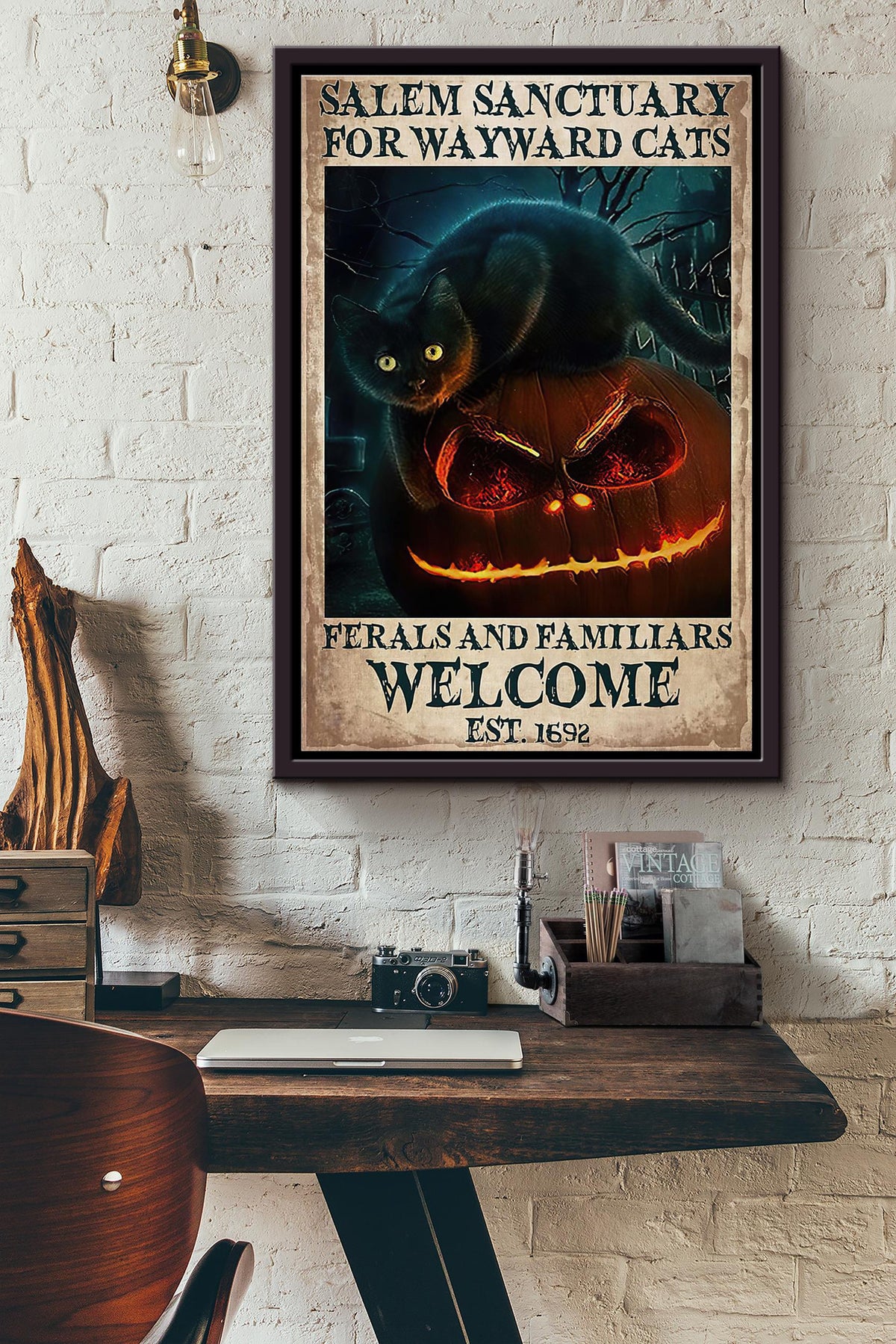 Halloween Wayward Cats Welcome Fire Pumpkin Poster Framed Matte Canvas