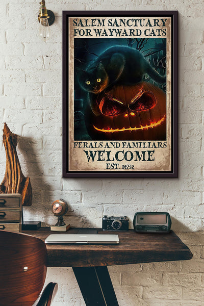 Halloween Wayward Cats Welcome Fire Pumpkin Poster Framed Matte Canvas