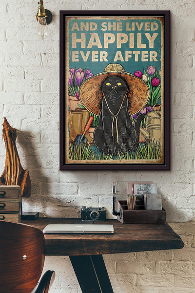 Cat Gardening And She Lived Happily Ever After Poster Framed Matte Canvas