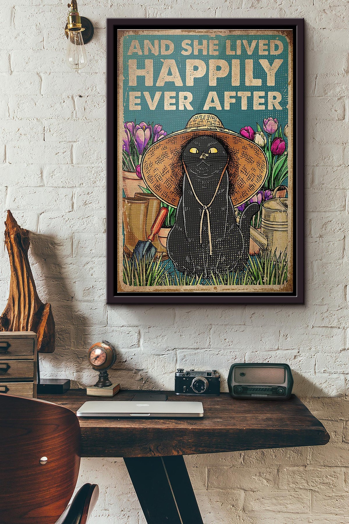 Cat Gardening And She Lived Happily Ever After Poster Framed Matte Canvas