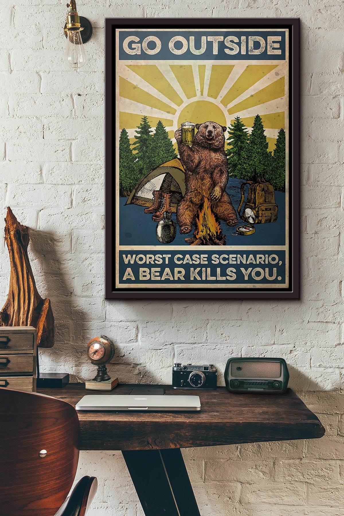 Camping Go Outside Worst Case Scenario A Bear Kills You Poster Framed Matte Canvas