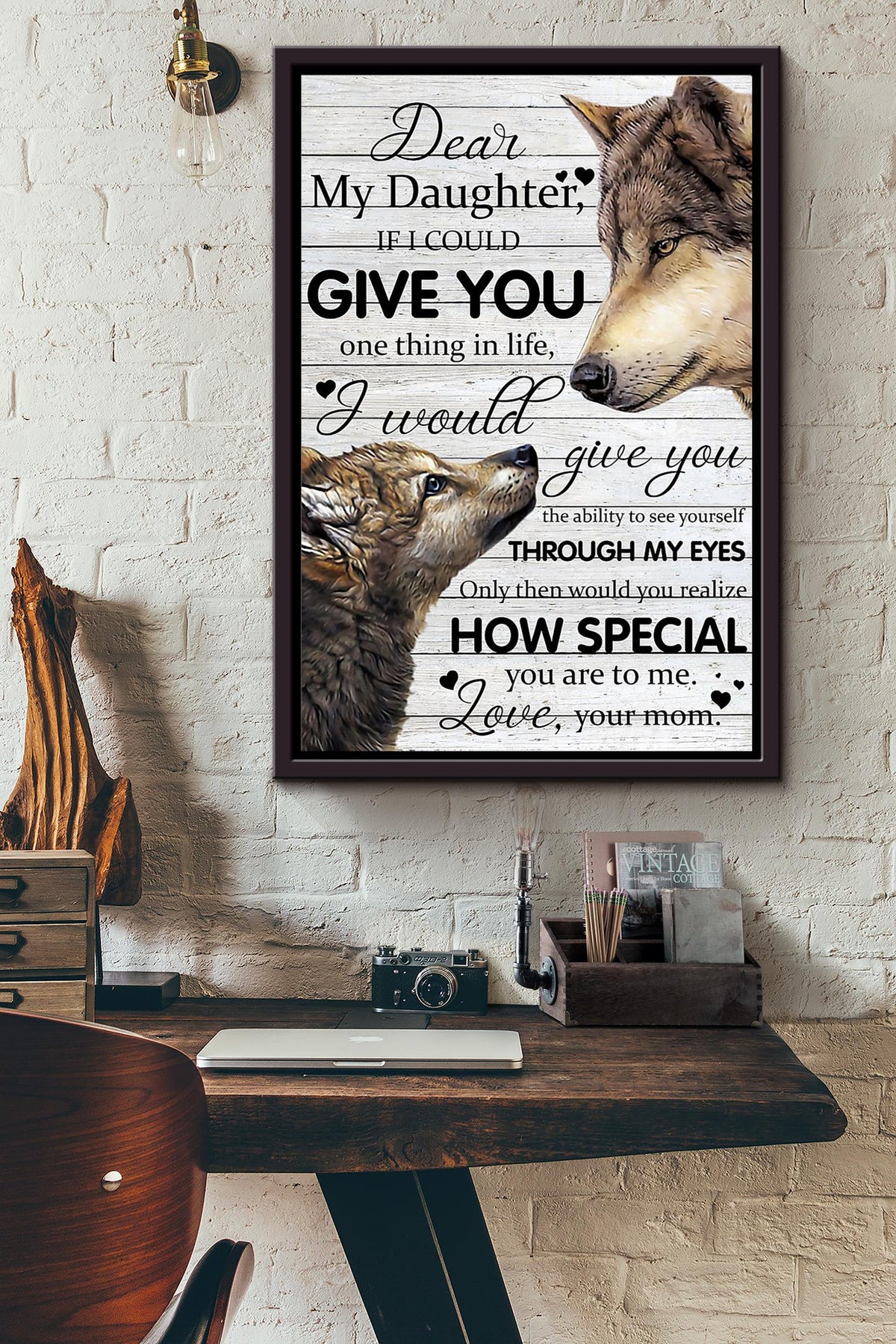 Dear My Daughter I Love You Wolf Mom Poster Framed Matte Canvas