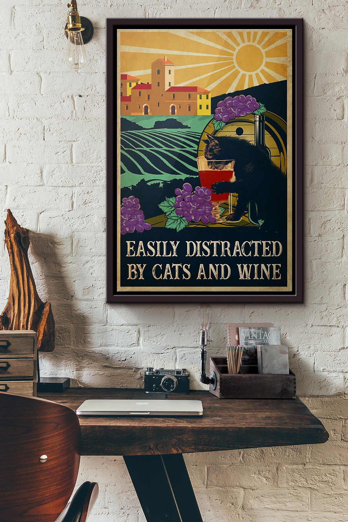 Black Cat Easily Distracted By Cats And Wine Poster Framed Matte Canvas