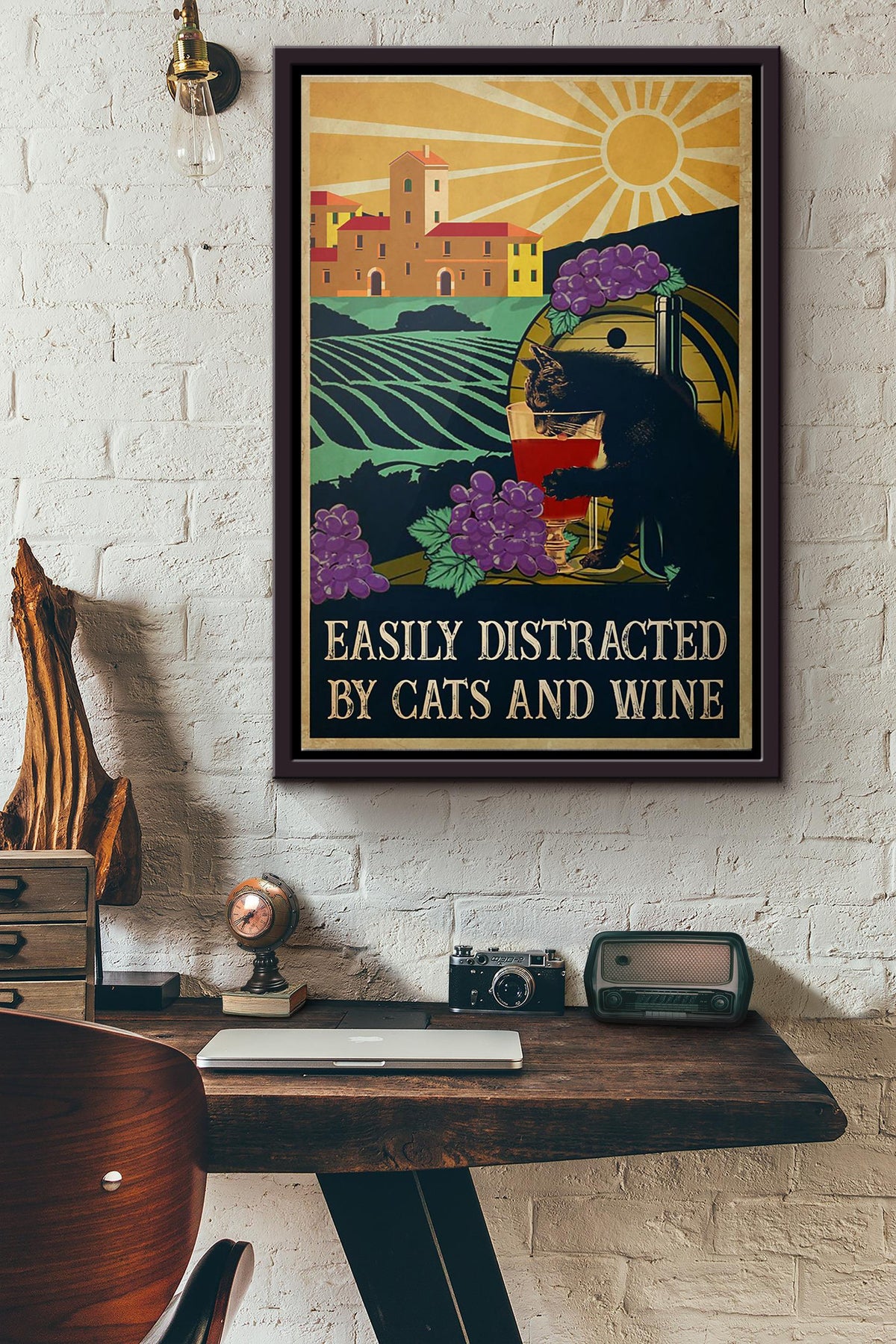 Black Cat Easily Distracted By Cats And Wine Poster Framed Matte Canvas