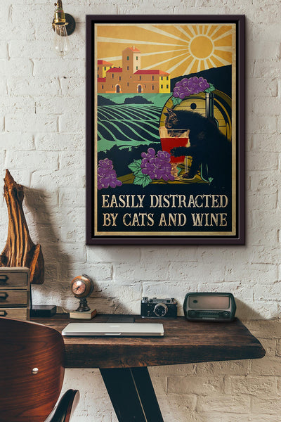 Black Cat Easily Distracted By Cats And Wine Poster Framed Matte Canvas