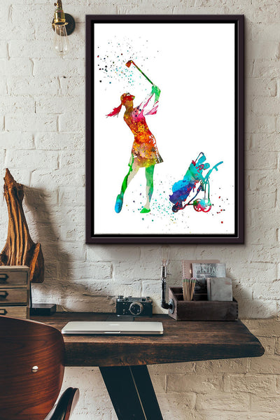 Golf Watercolor Girl Golfer Framed Matte Canvas