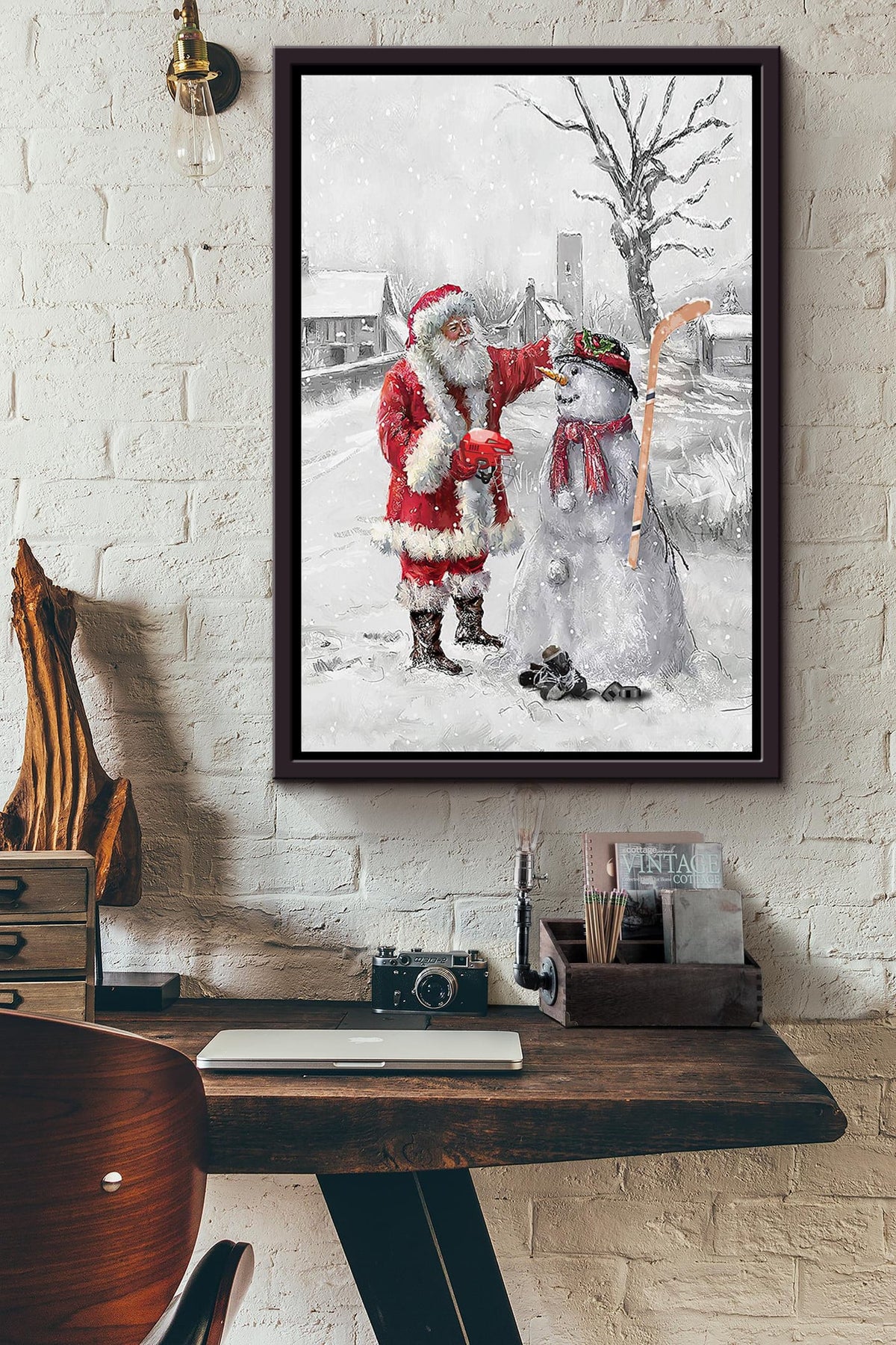 Ice Hockey And Santa Christmas Poster Framed Matte Canvas