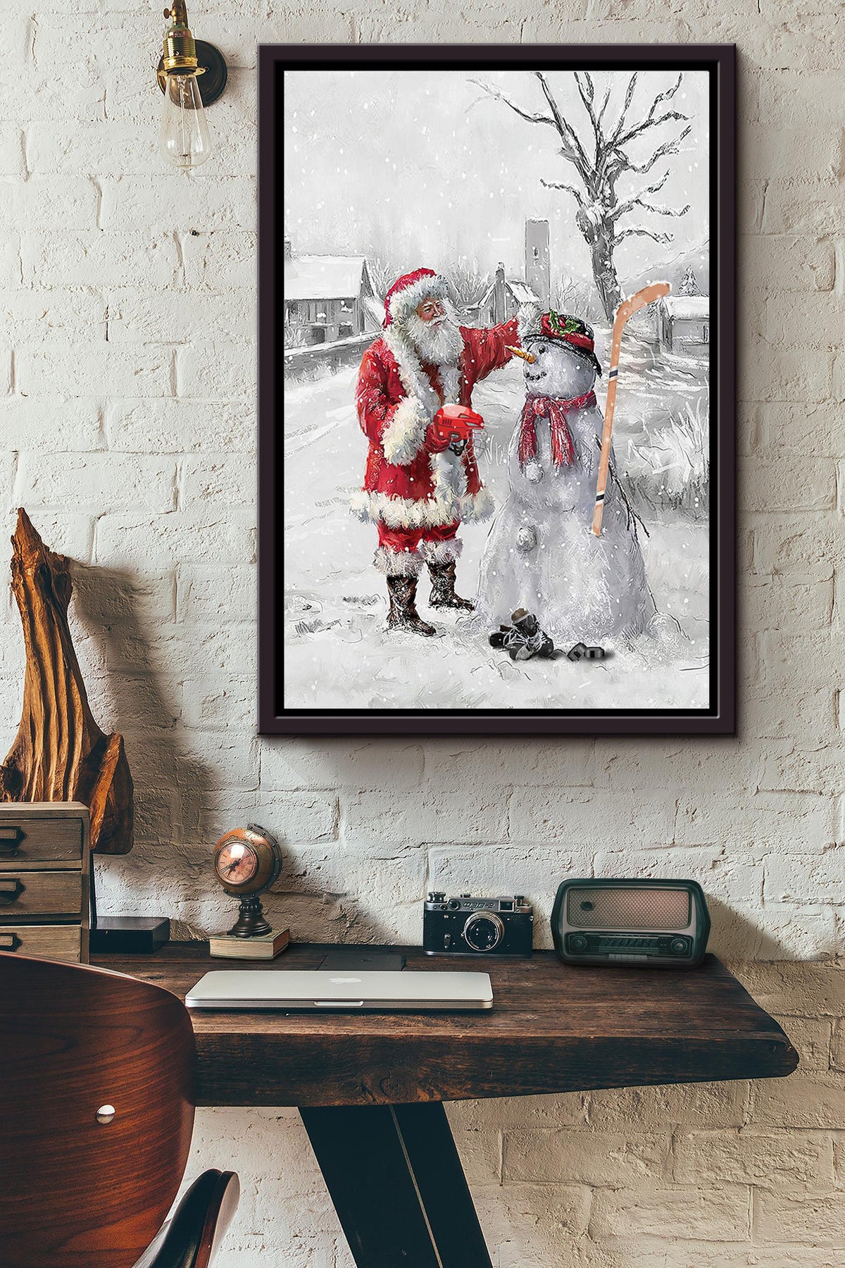 Ice Hockey And Santa Christmas Poster Framed Matte Canvas