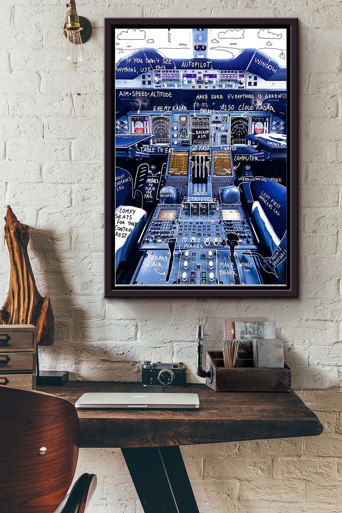 Airplane Instrument Panel Poster - Aviation Wall Art - Gift For Flight Engineer Flight Attendants Pilot Control Tower Worker Framed Matte Canvas Framed Prints, Canvas