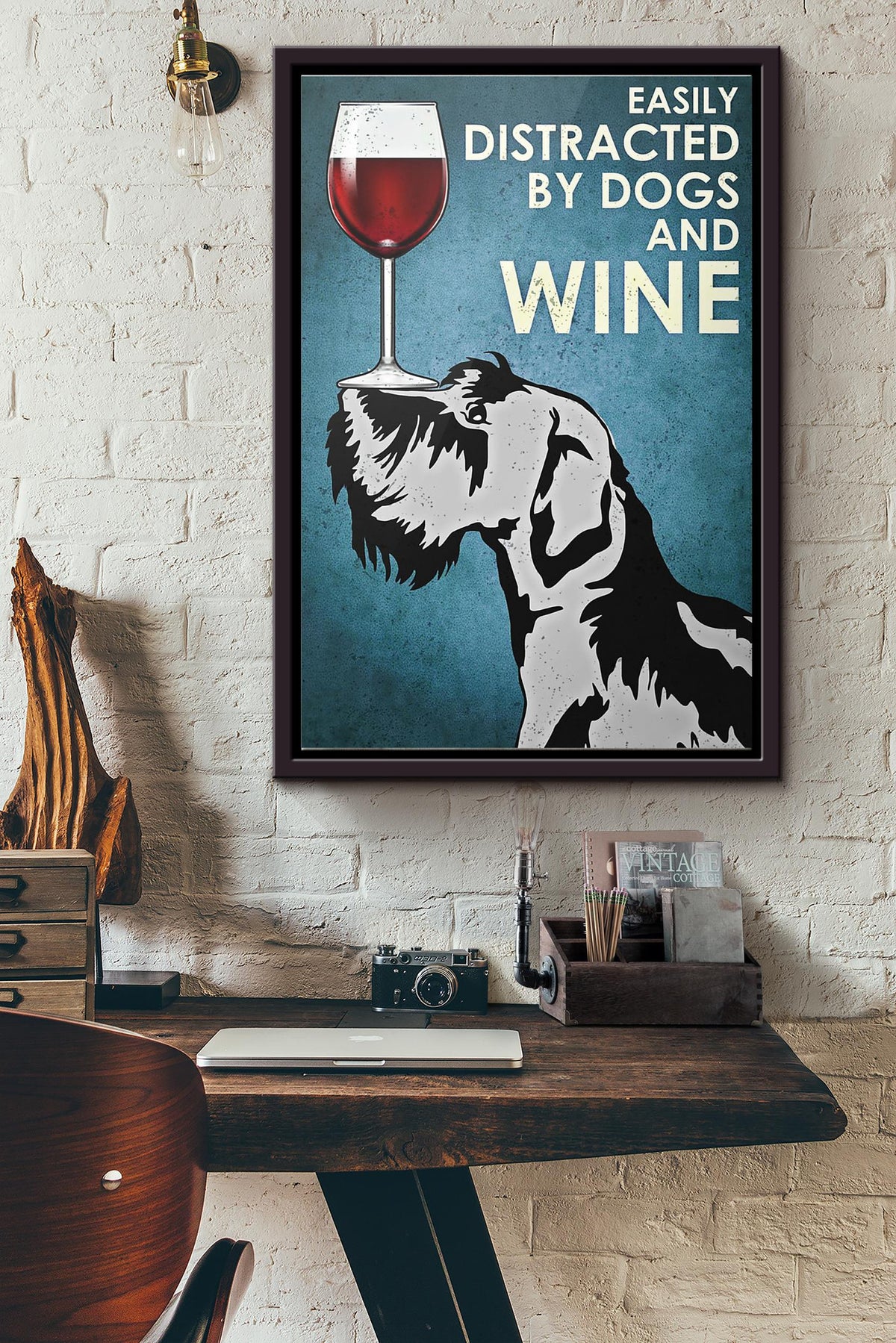 Easily Distracted By Scottish Tearrier Dogs And Wine Poster Framed Matte Canvas