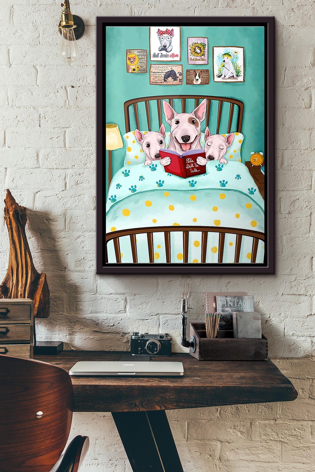 Bull Terrier Reading Book Before Bed Poster Framed Matte Canvas