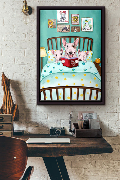Bull Terrier Reading Book Before Bed Poster Framed Matte Canvas