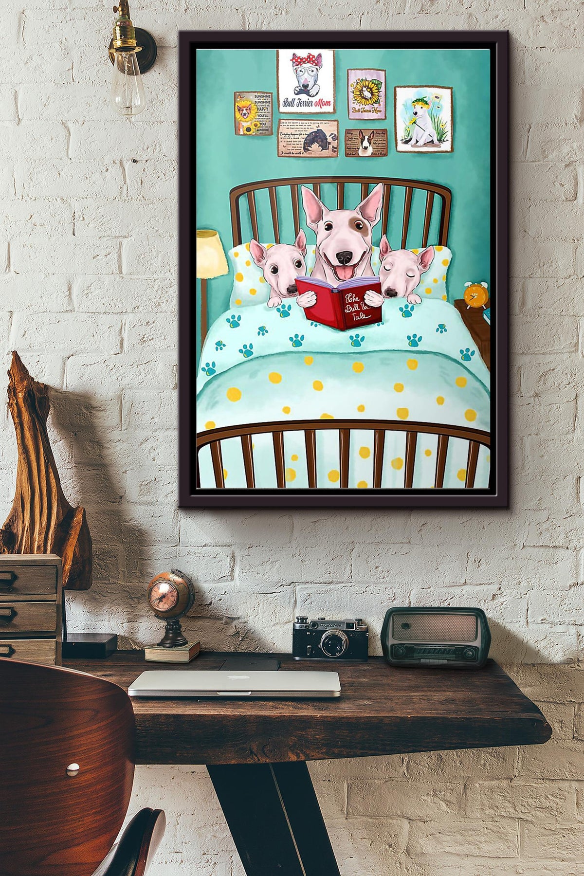 Bull Terrier Reading Book Before Bed Poster Framed Matte Canvas