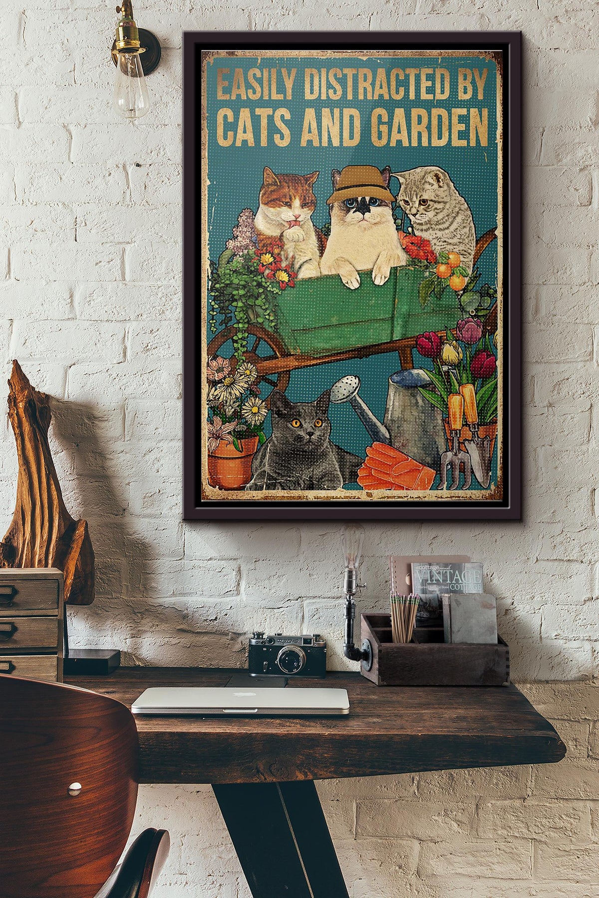 Retro Easily Distracted By Cats And Garden Poster Framed Matte Canvas
