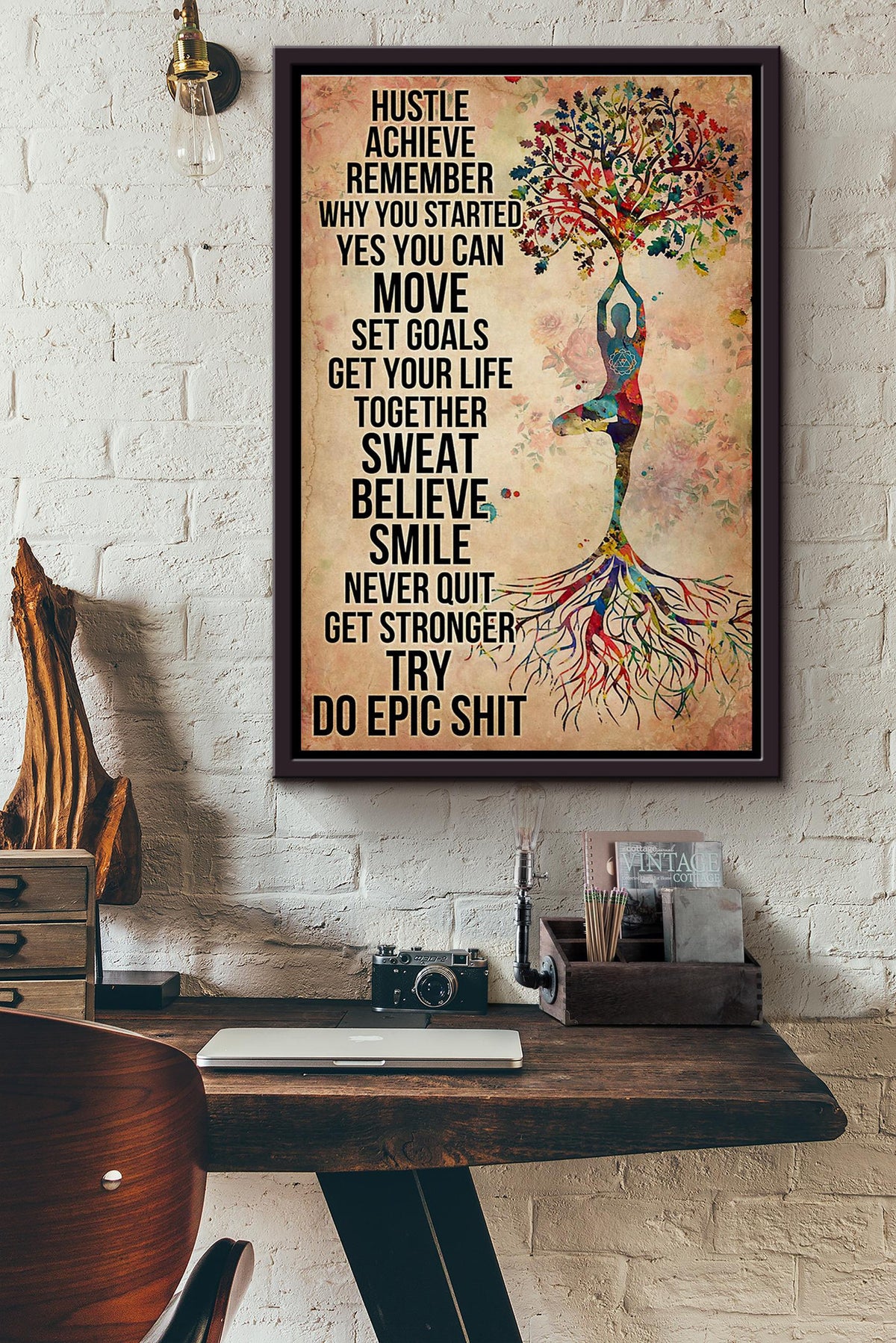 Yoga Tree Of Life Hustle Achieve Remember Why You Started Poster Framed Matte Canvas