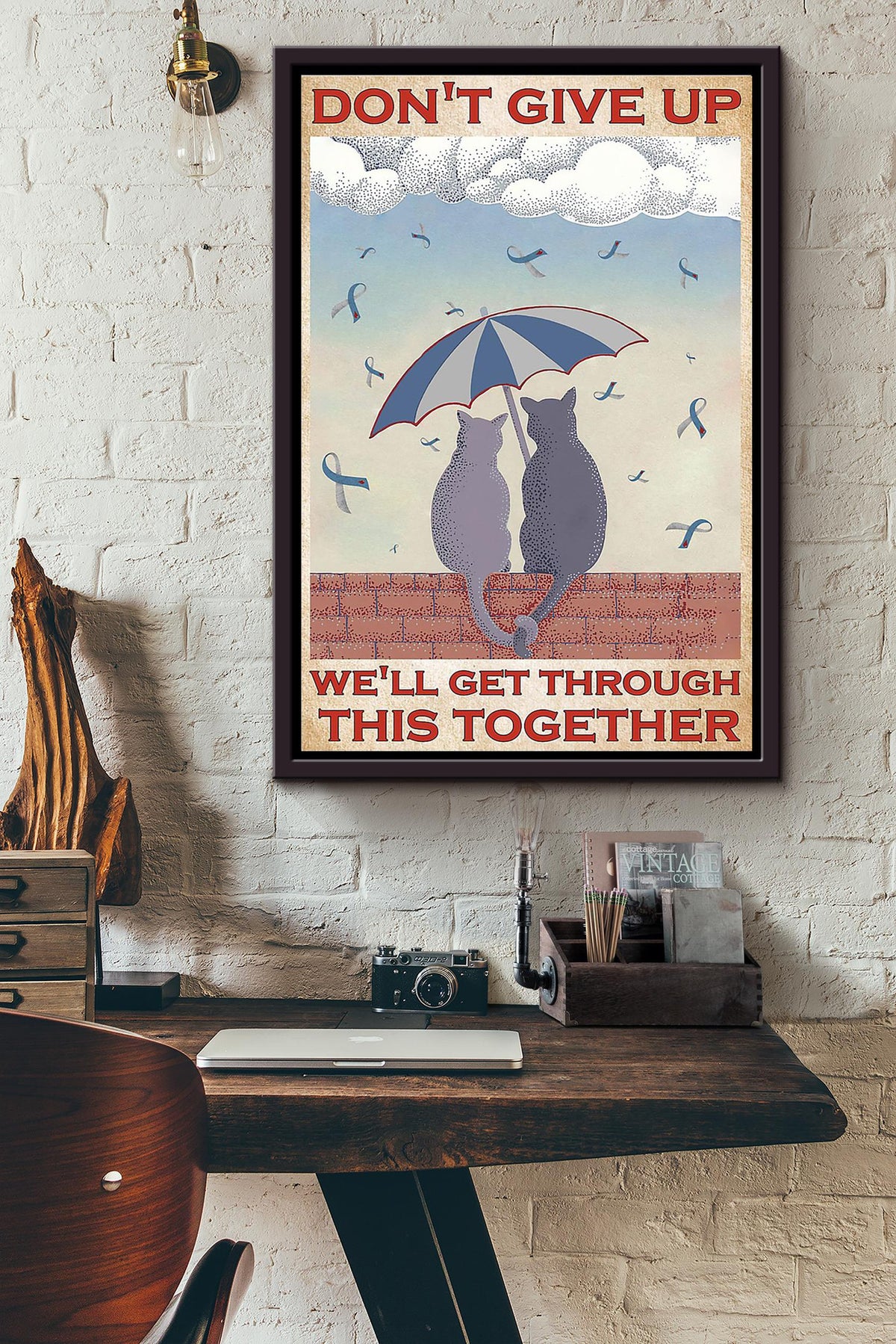 Dont Give Up Well Get Through This Together Couple Cat Poster Framed Matte Canvas
