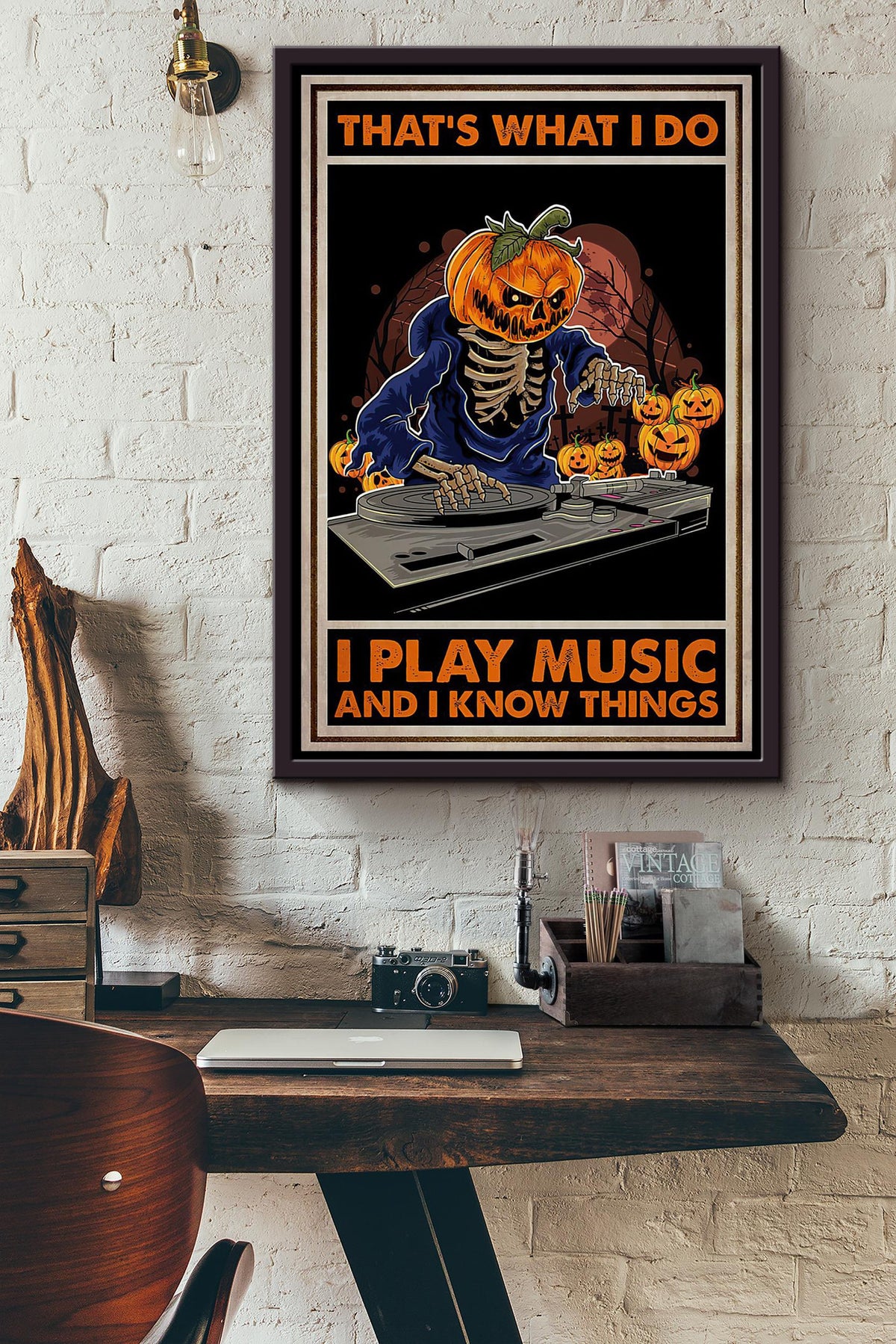 Halloween Dj Thats What I Do I Play Music And I Know Things Poster Framed Matte Canvas