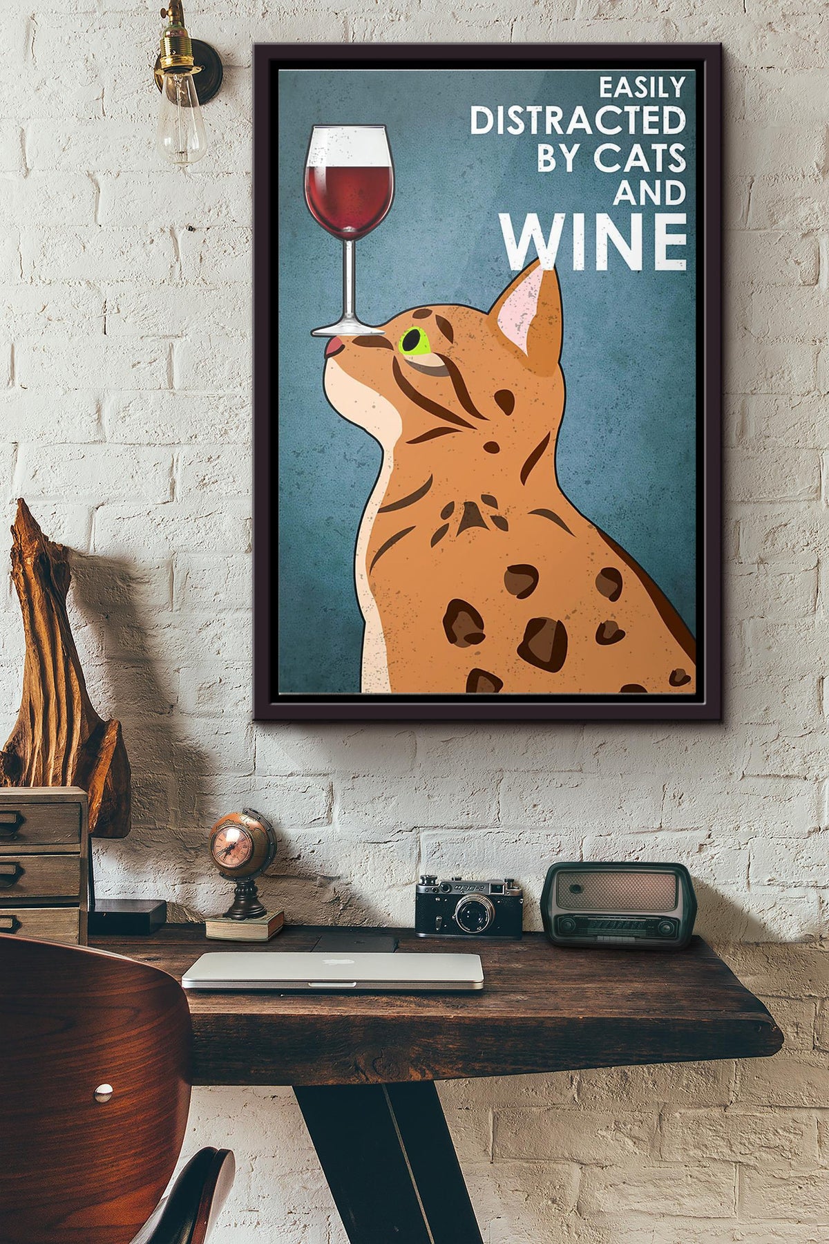 Bengal Cat Easily Distracted By Cats And Wine Poster Framed Matte Canvas