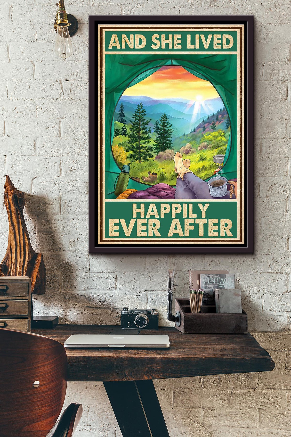 She Lived Happily Ever After Camping Poster Framed Matte Canvas