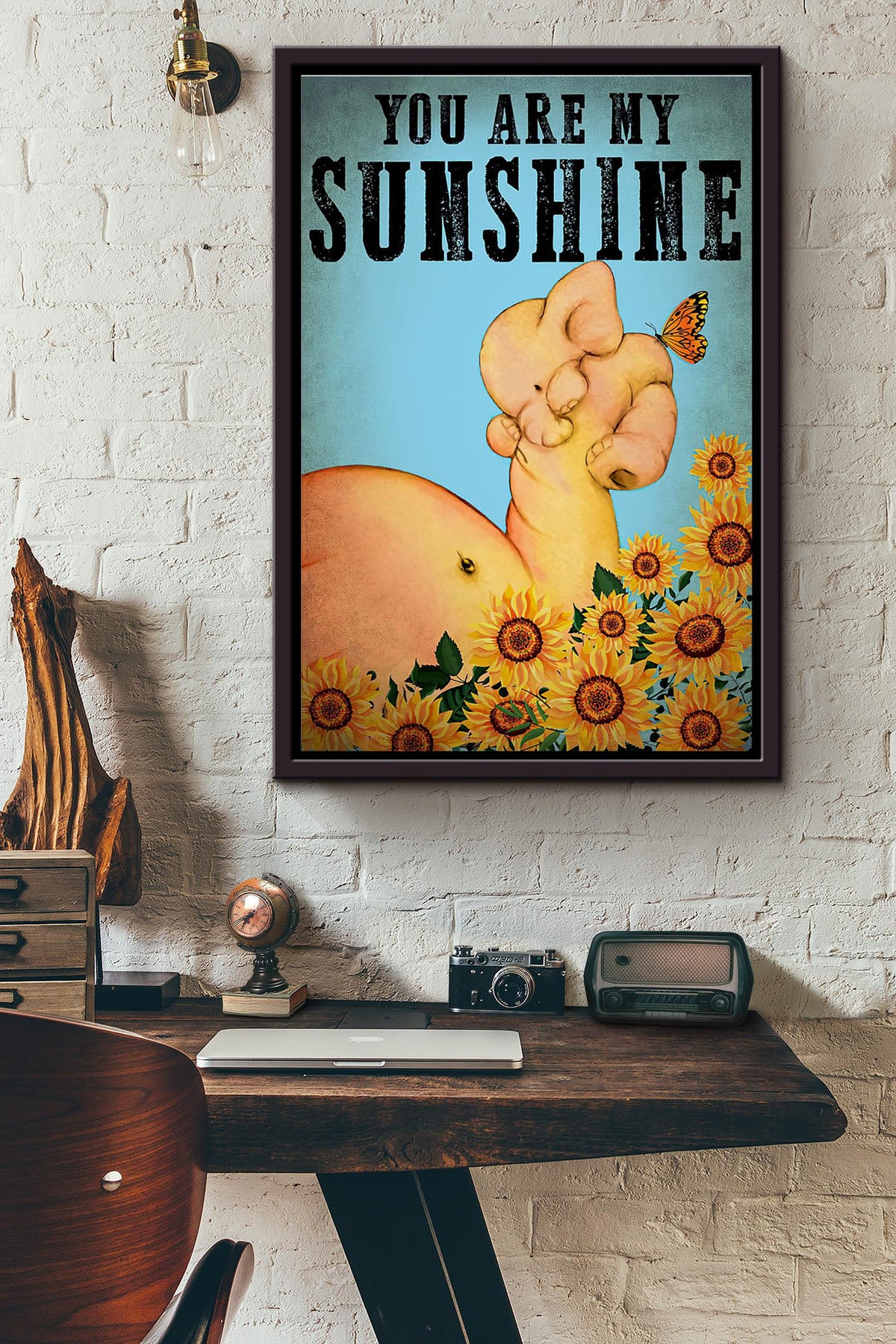 Elephant Lover You Are My Sunshine Butterfly Poster Framed Matte Canvas