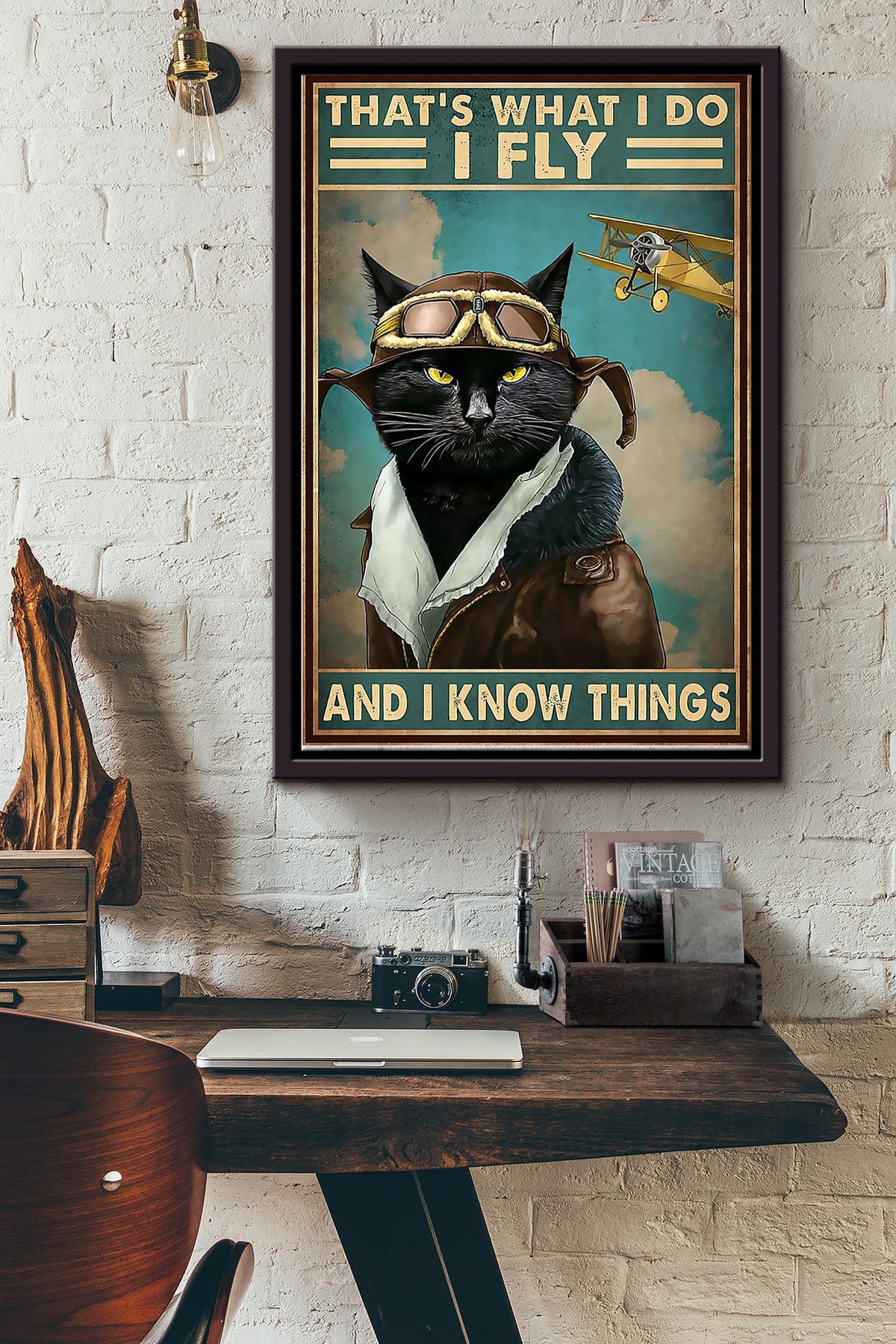 Cat Pilot Thats What I Do Ly And Know Things Poster - - Aviation Knowledge Wall Art - Gift For Flight Engineer Flight Attendants Pilot Black Cat Lover Framed Matte Canvas Framed Prints, Canvas