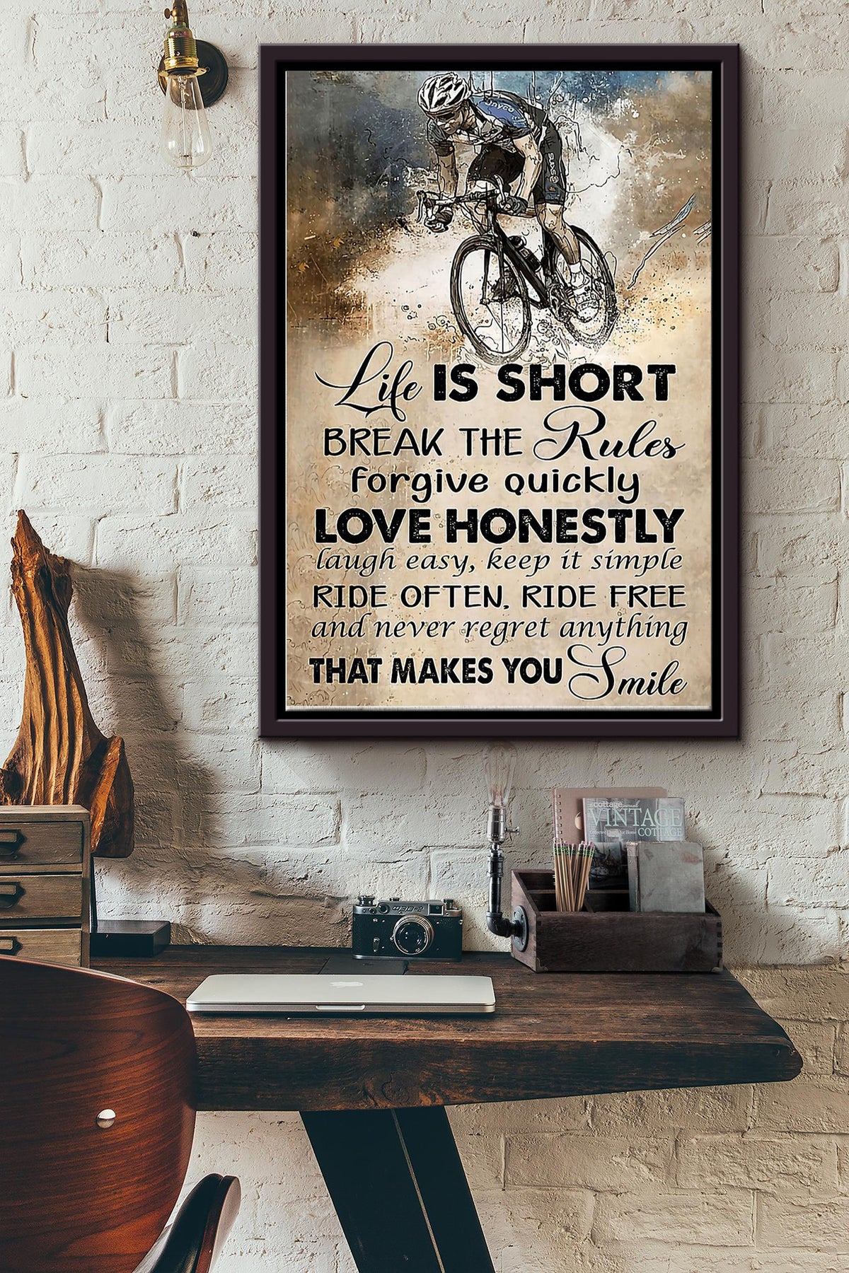Cycling Life Is Short Break The Rules Poster - Sport Wall Art Canvas - Gift For Boy Men Male Father Fathers Day Boys Day Athletes Sportman Sportwoman Sport Lover Cycling Lover Framed Matte Canvas Framed Prints, Canvas