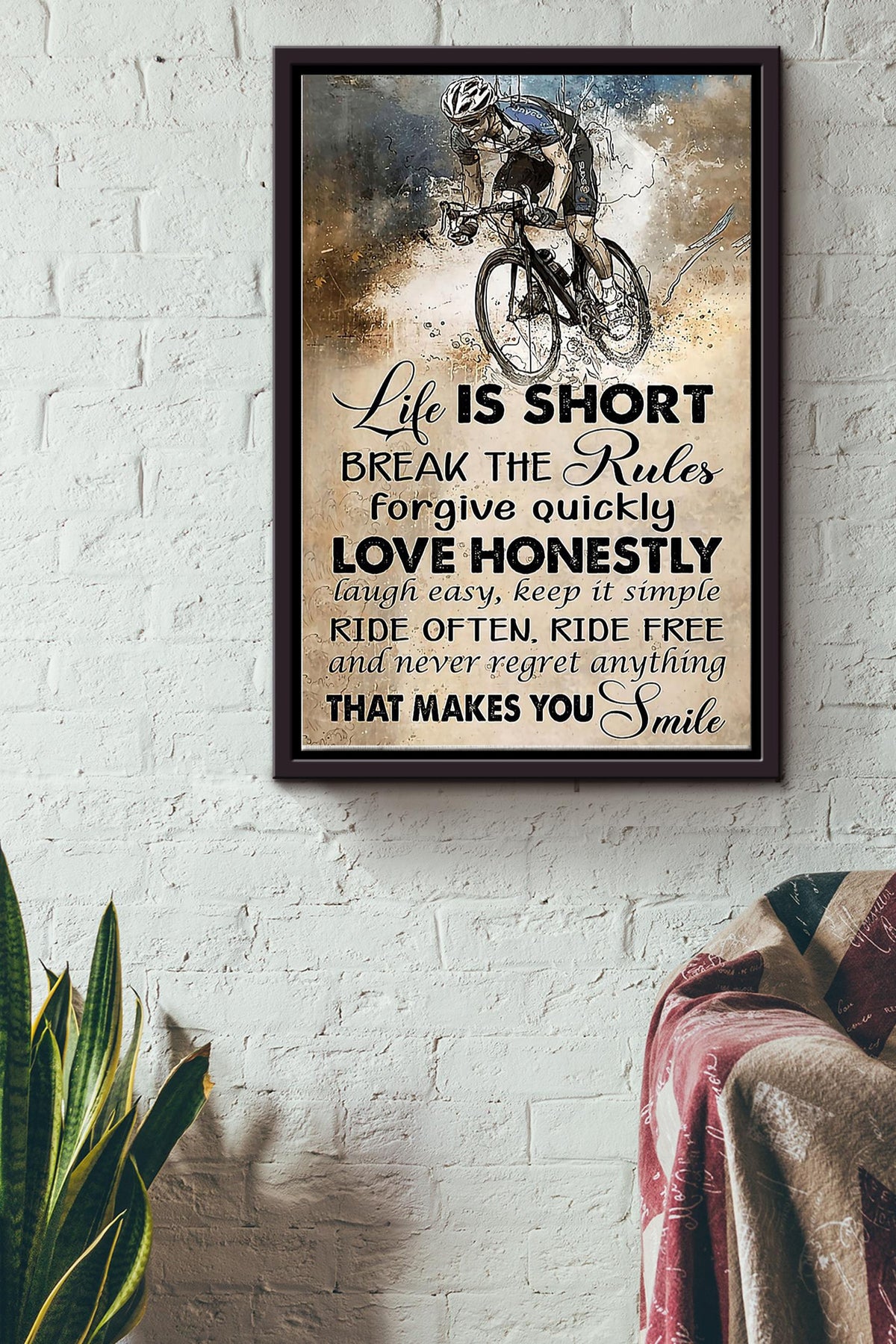 Cycling Life Is Short Break The Rules Poster - Sport Wall Art Canvas - Gift For Boy Men Male Father Fathers Day Boys Day Athletes Sportman Sportwoman Sport Lover Cycling Lover Framed Matte Canvas Framed Prints, Canvas