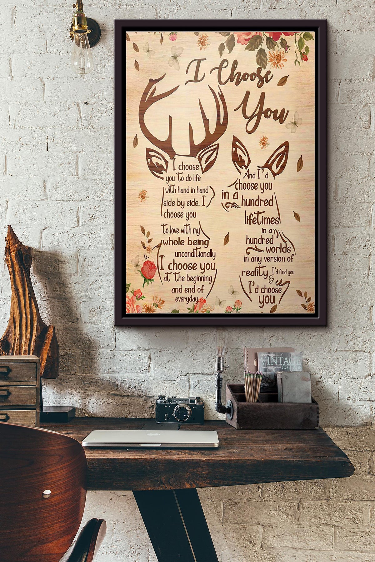 Deer I Choose You Flowers Poster Framed Matte Canvas
