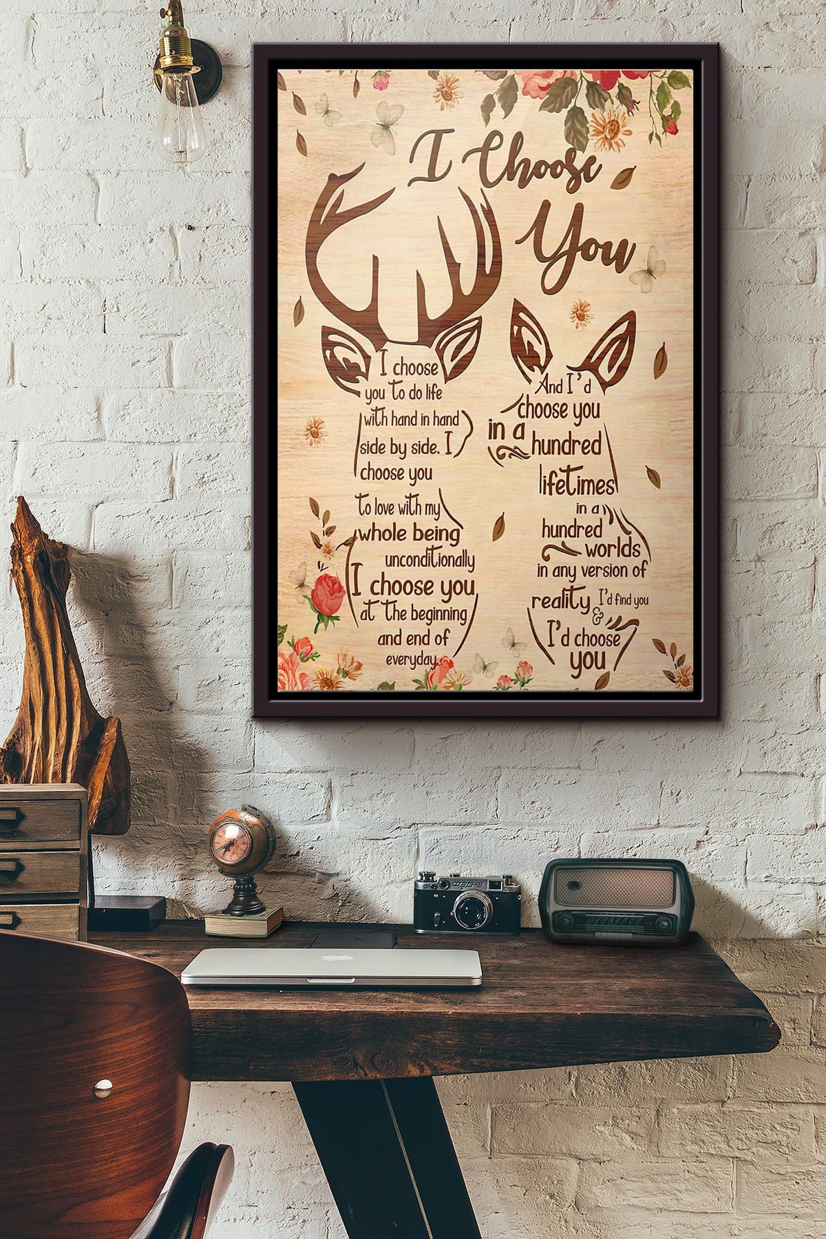 Deer I Choose You Flowers Poster Framed Matte Canvas