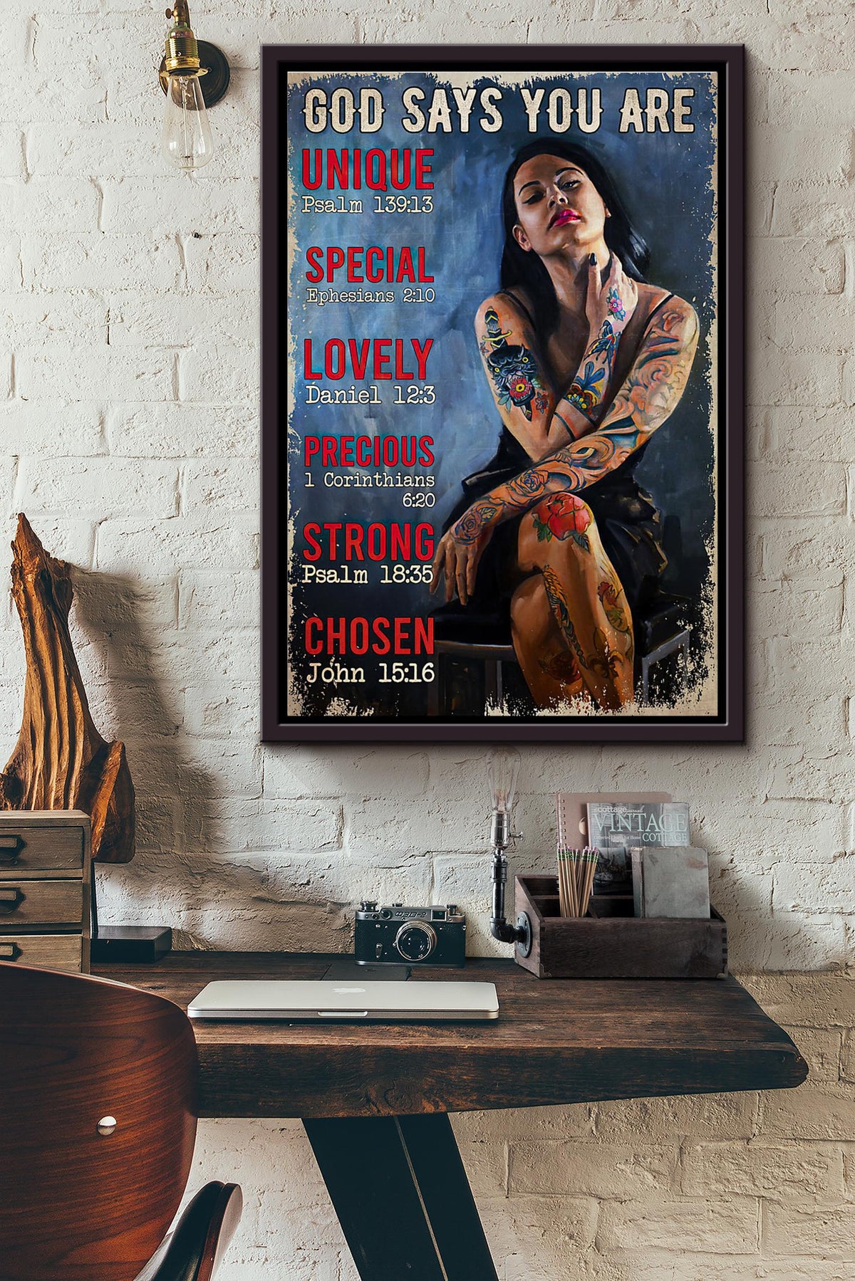 Tattoo Girl God Says You Are Unique Special Lovely Precious Strong Chosen Poster Framed Matte Canvas