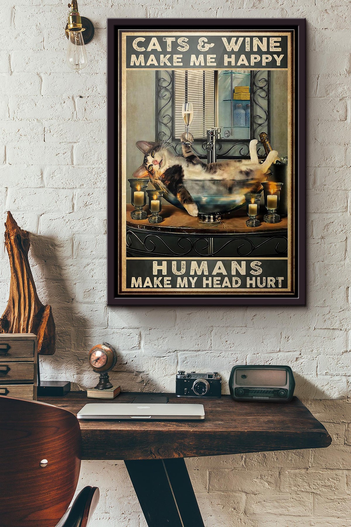 Cats And Wine Make Me Happy Humans Make My Head Hurt Poster Framed Matte Canvas