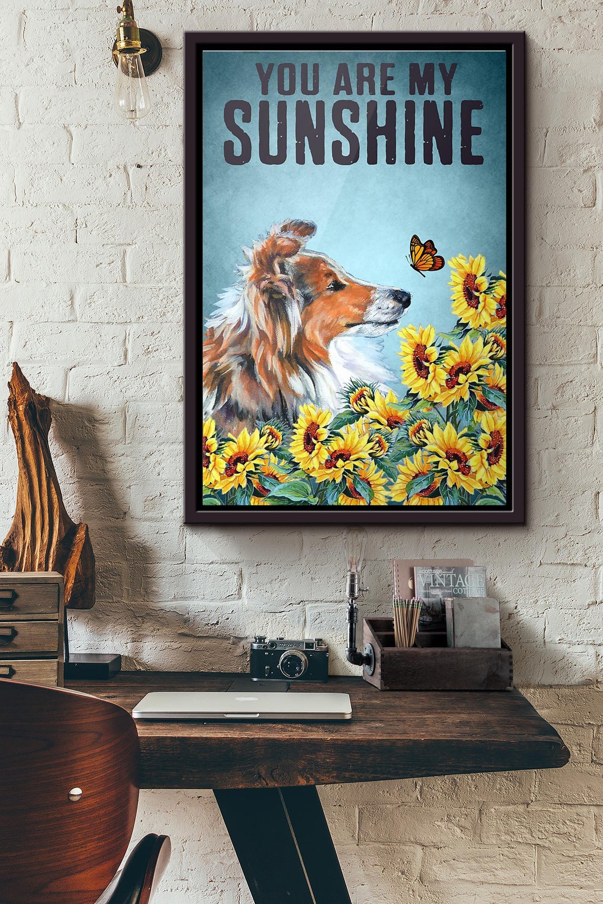Sunflower Dog Shetland Sheepdog You Are My Sunshine Poster Framed Matte Canvas