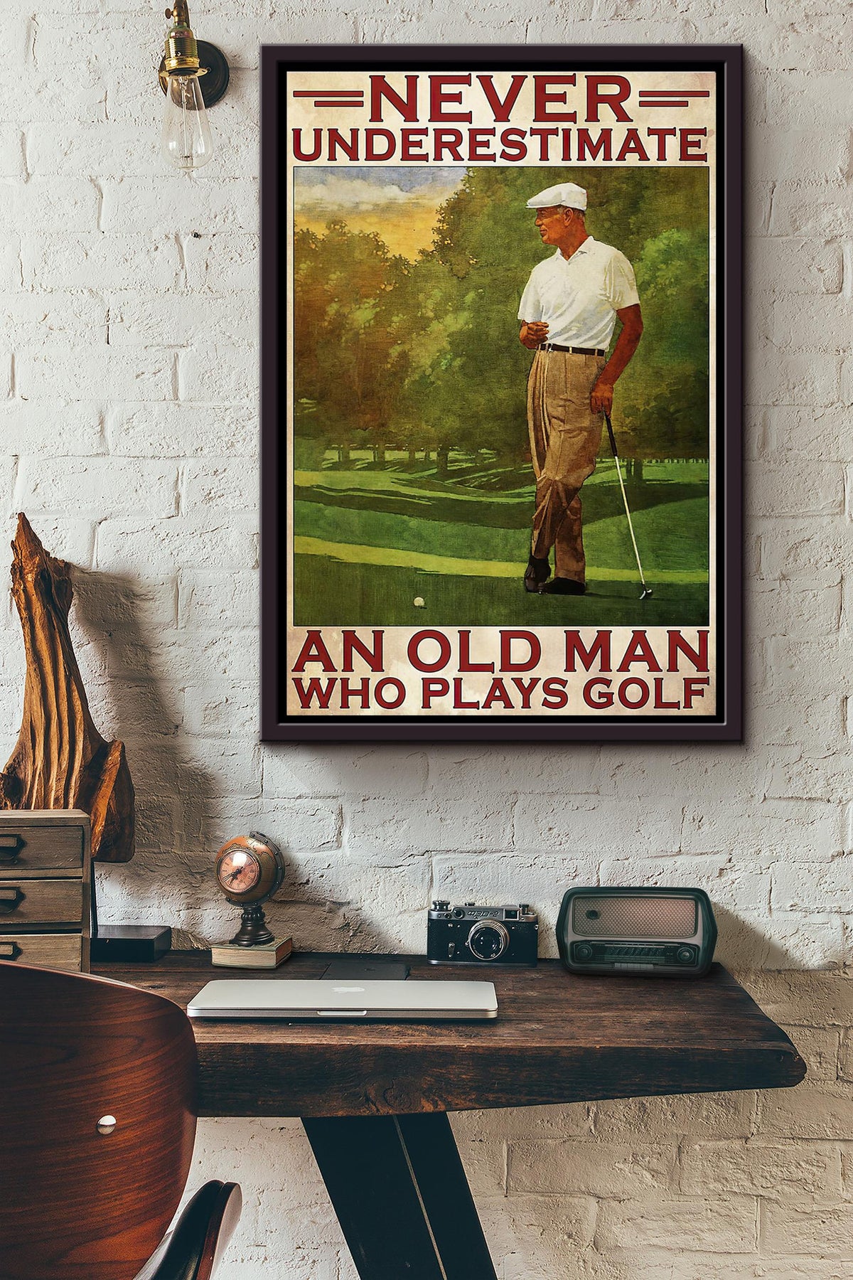 Never Underestimate An Old Man Who Plays Golf Poster Framed Matte Canvas