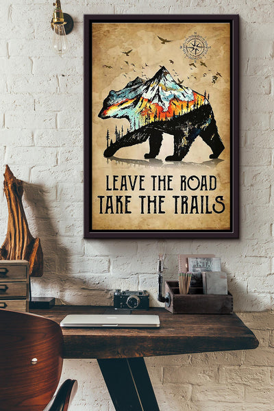 Leave The Road Take The Trails Bear In The Forest And Mountain With Bird Flying Poster Framed Matte Canvas