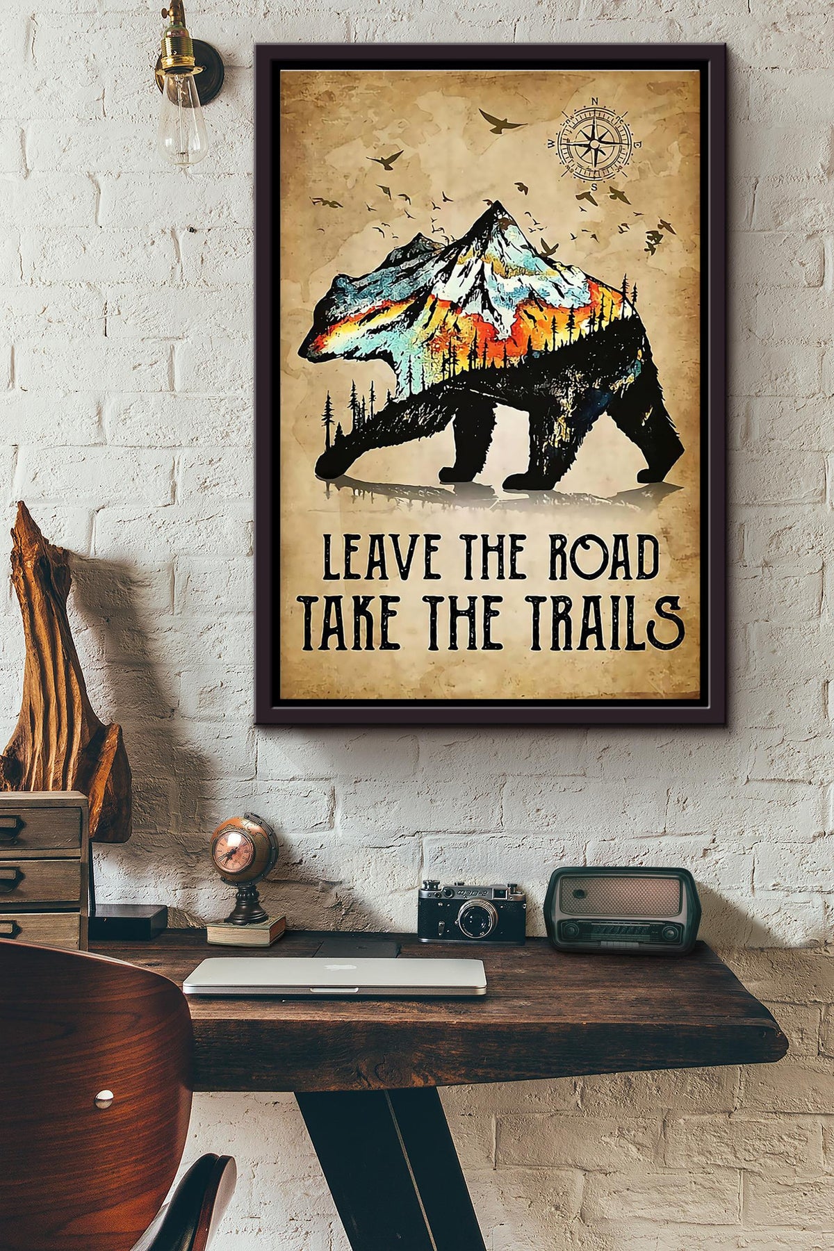 Leave The Road Take The Trails Bear In The Forest And Mountain With Bird Flying Poster Framed Matte Canvas