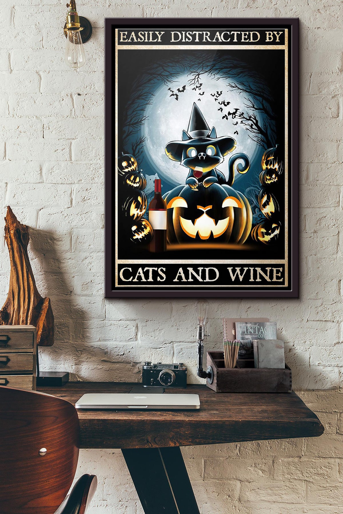Halloween Easily Distracted By Cats And Wine Poster Framed Matte Canvas