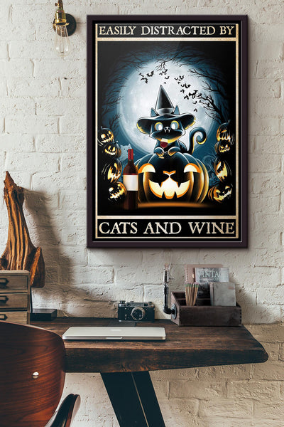 Halloween Easily Distracted By Cats And Wine Poster Framed Matte Canvas