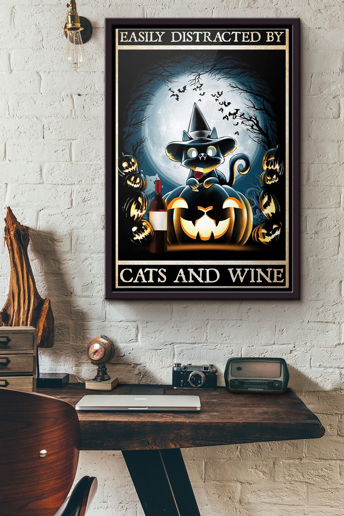 Halloween Easily Distracted By Cats And Wine Poster Framed Matte Canvas