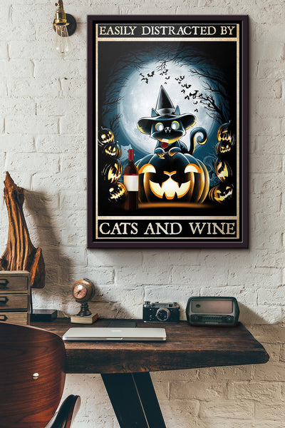 Halloween Easily Distracted By Cats And Wine Poster Framed Matte Canvas