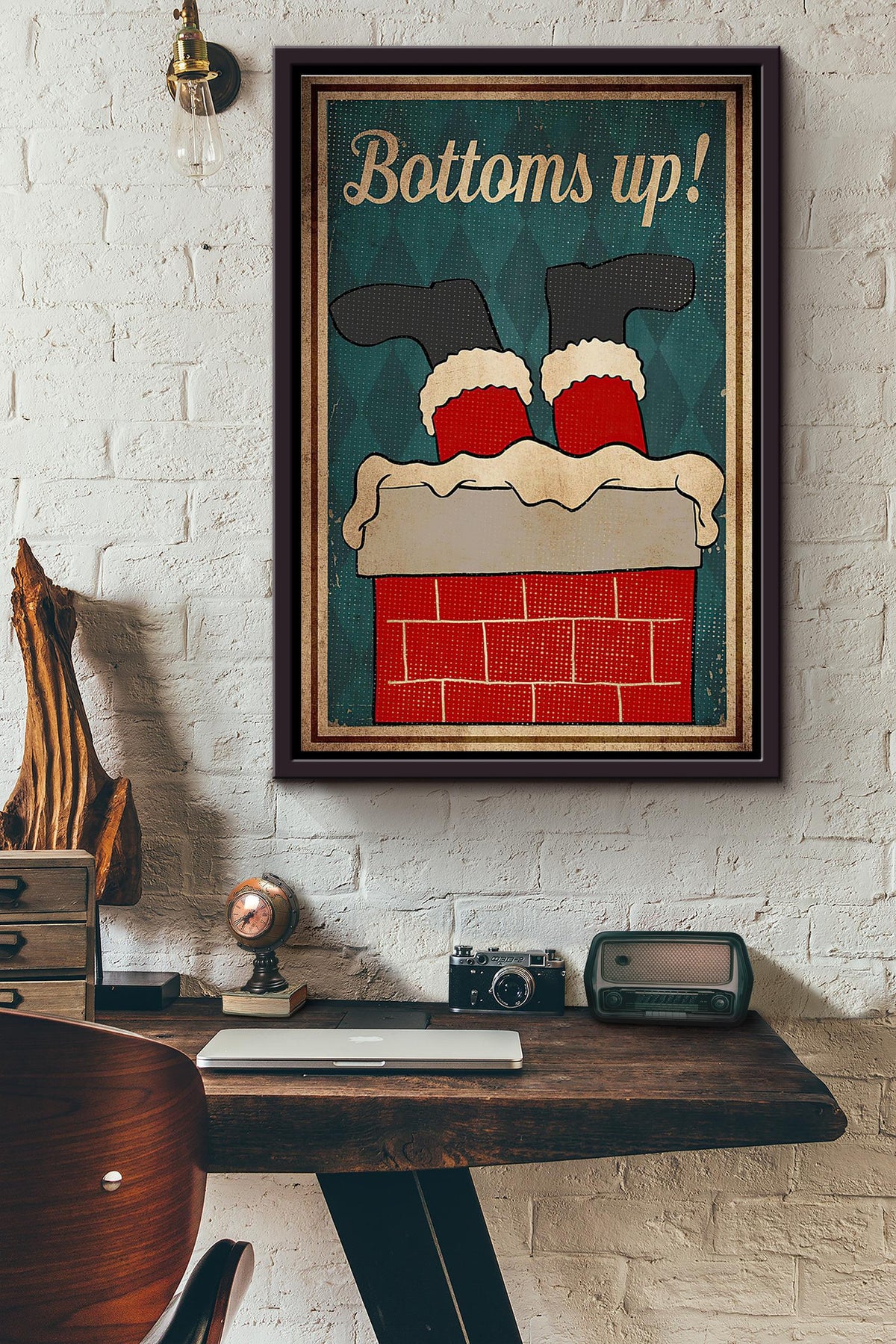 Bottoms Up Santa Christmas Poster Framed Matte Canvas