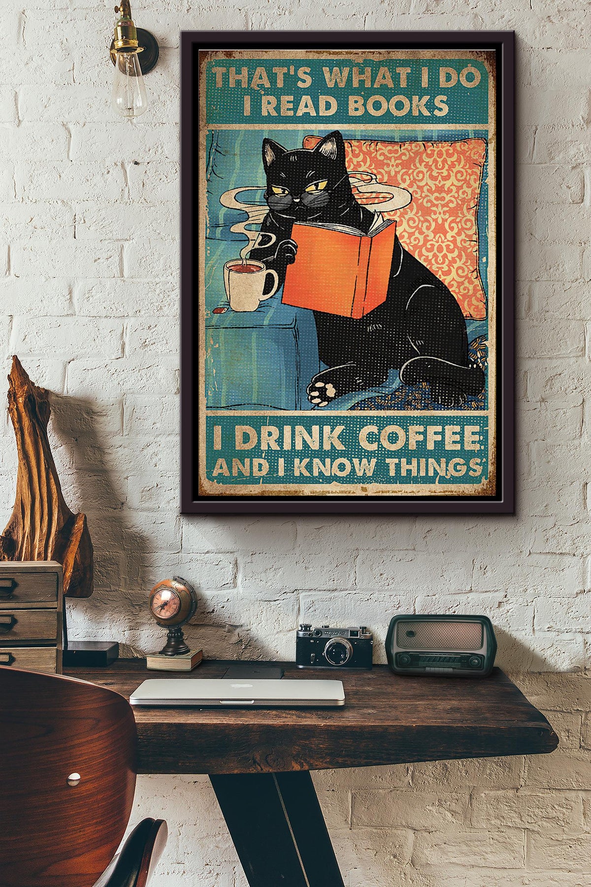 Cat Thats What I Do I Read Books I Drink Coffee Vintage Poster Framed Matte Canvas