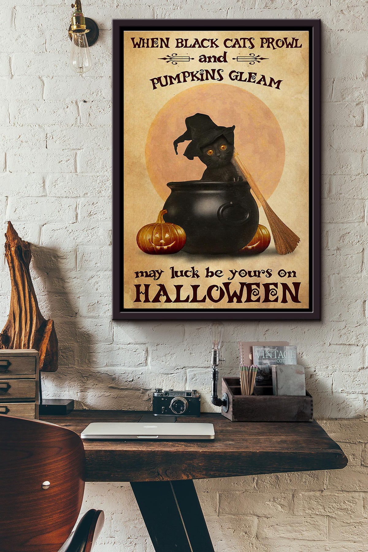 When Black Cats Prowl And Pumpkins Gleam May Luck Be Yours On Halloween Pumpkin Poster Framed Matte Canvas