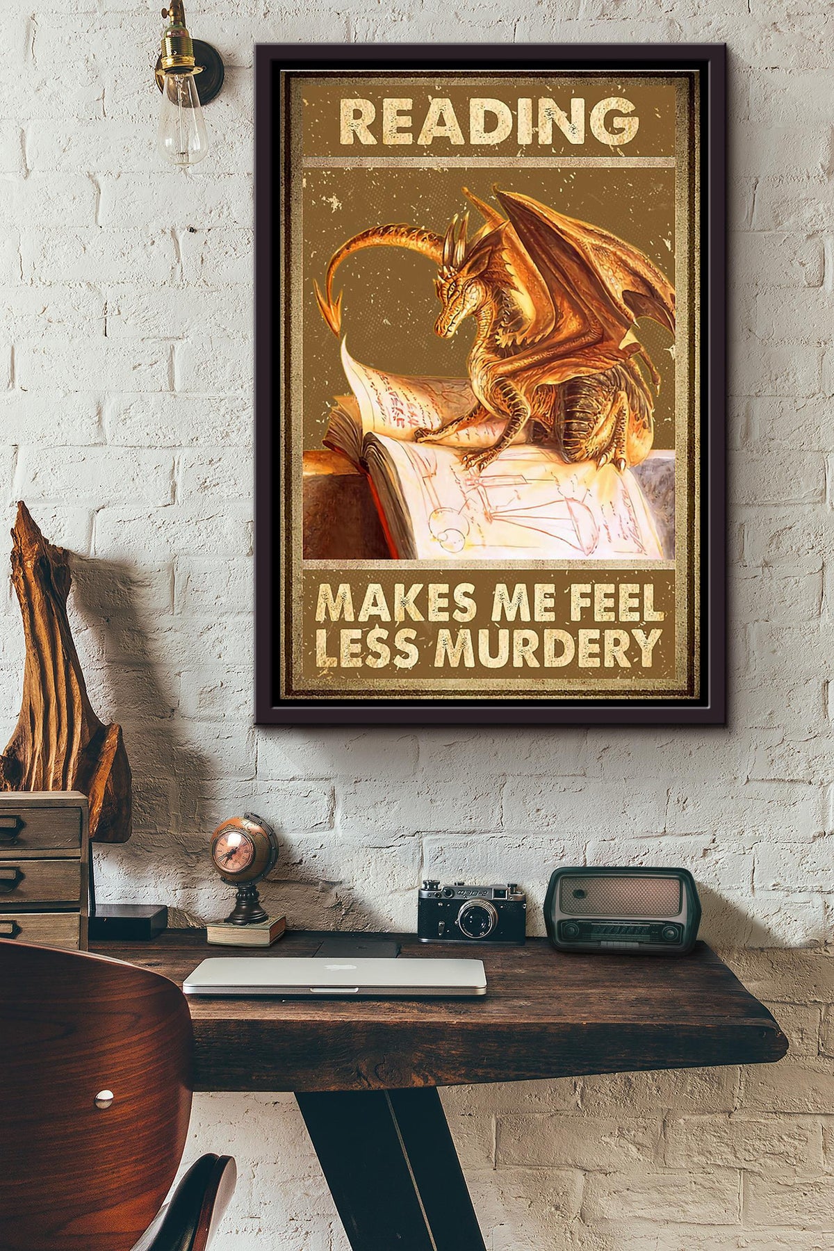 Dragon Reading Books Makes Me Feel Less Murdery Poster Framed Matte Canvas