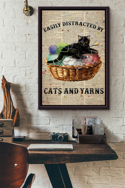 Easily Distracted By Cats And Yarns Knitting Dictionary Poster Framed Matte Canvas