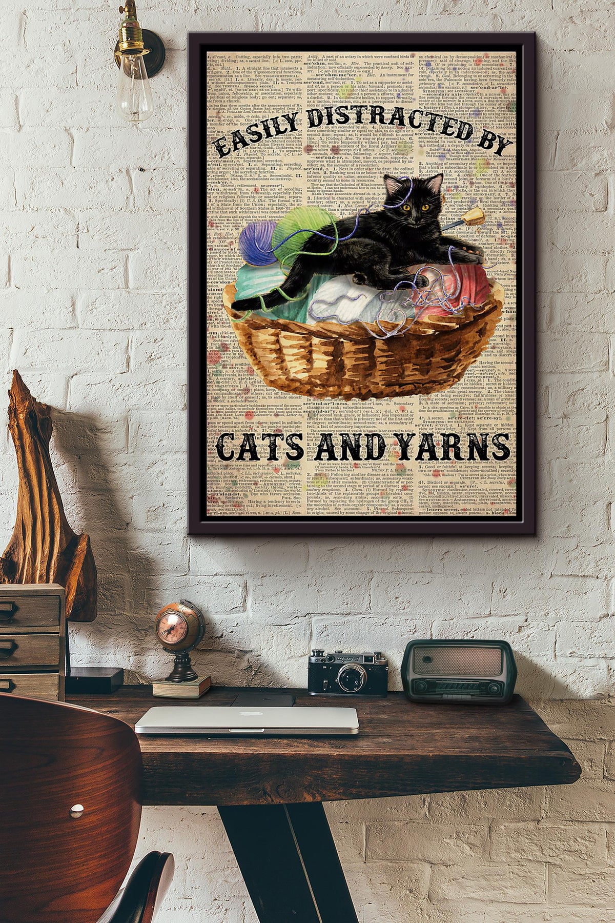 Easily Distracted By Cats And Yarns Knitting Dictionary Poster Framed Matte Canvas