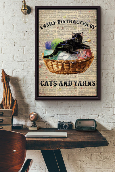 Easily Distracted By Cats And Yarns Knitting Dictionary Poster Framed Matte Canvas