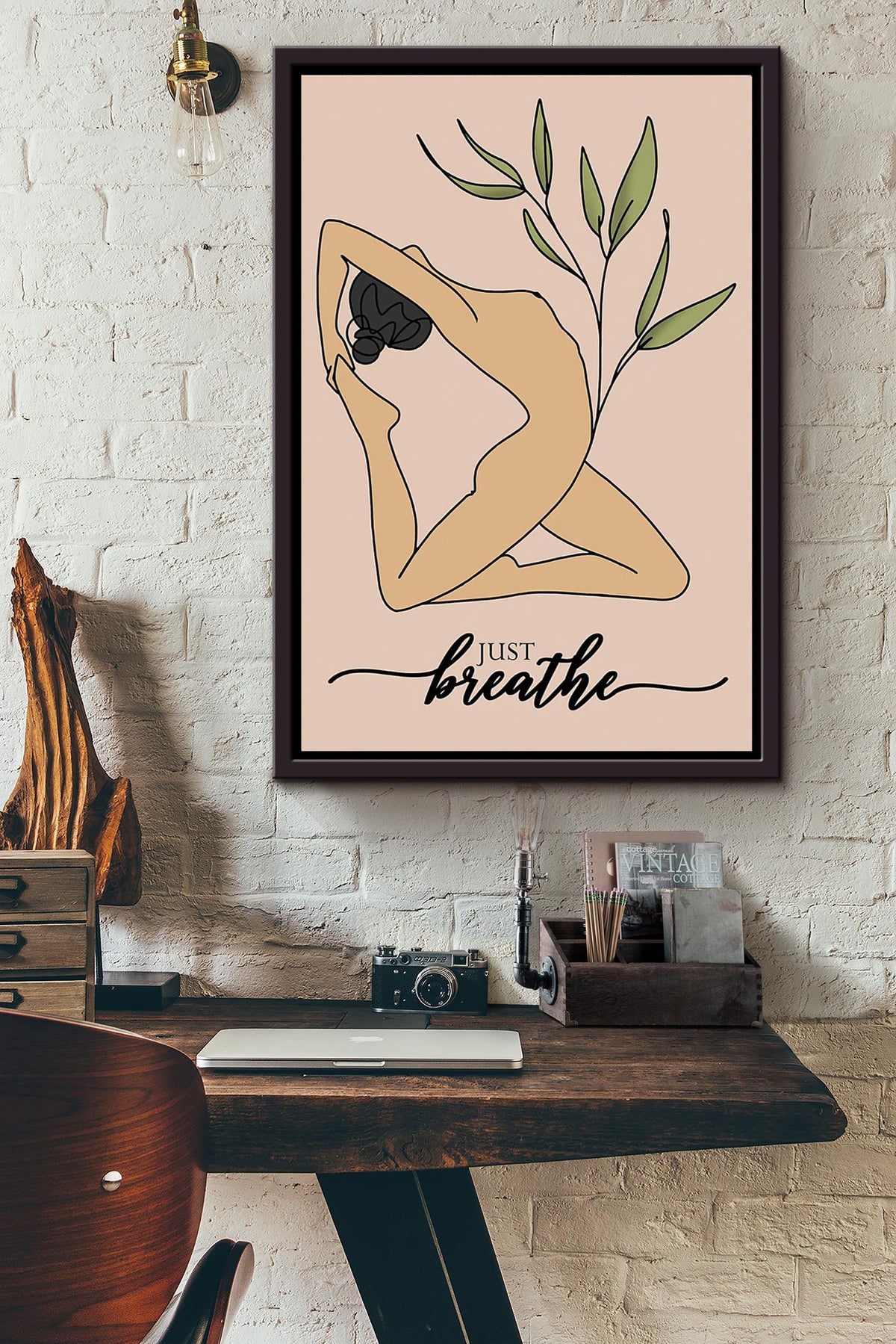 Naked Yoga Just Breathe Poster Framed Matte Canvas