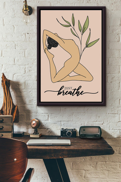 Naked Yoga Just Breathe Poster Framed Matte Canvas